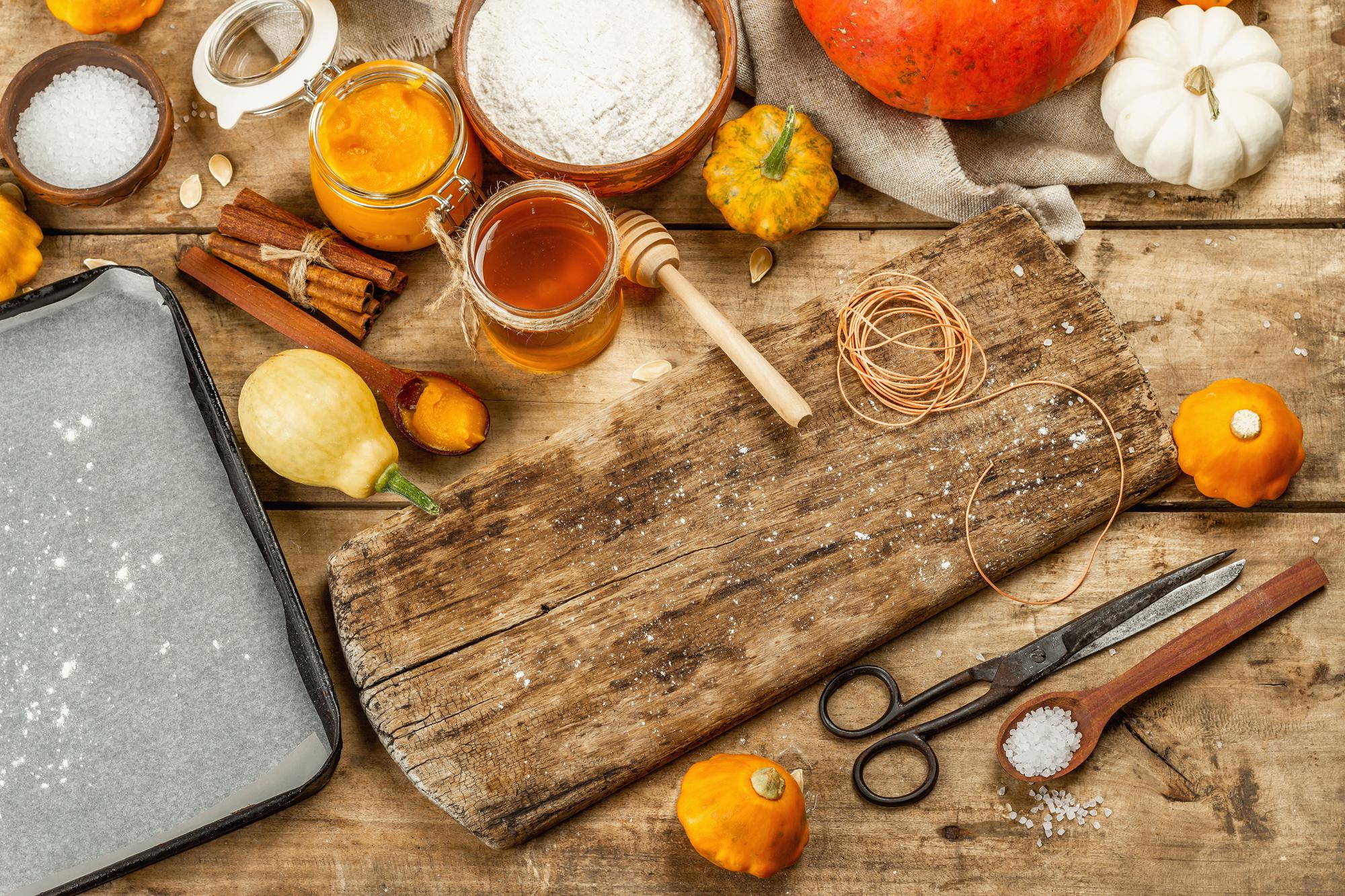 atelier kitchen counter with ingredients and tools
